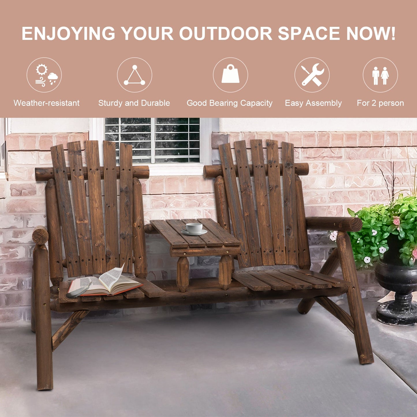 Solid Wood Patio Chair Bench 2 Seat Jack and Jill Seat w/ Center Coffee Table