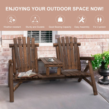 Solid Wood Patio Chair Bench 2 Seat Jack and Jill Seat w/ Center Coffee Table