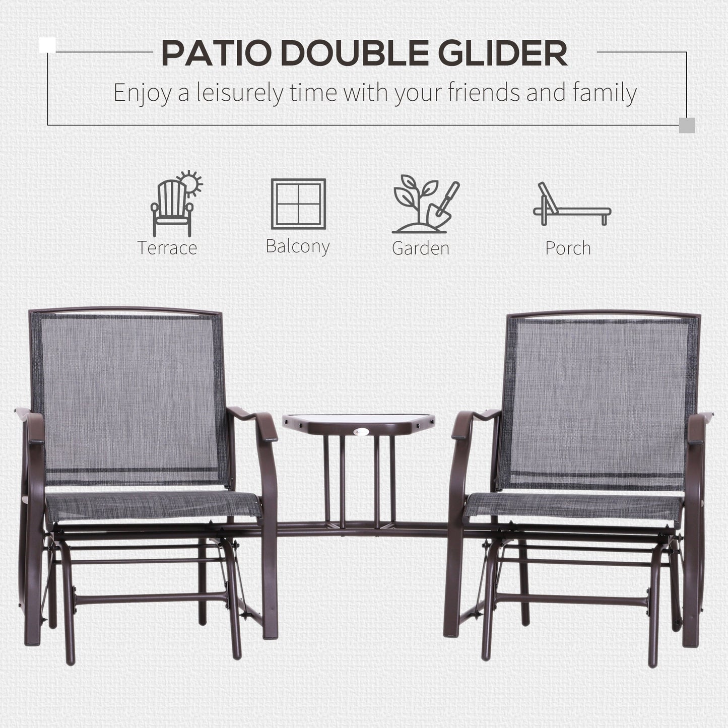 Garden Double Glider Rocking Chairs Metal Gliding Love Seat with Middle Table Conversation Set Patio Backyard Relax Outdoor Furniture Grey