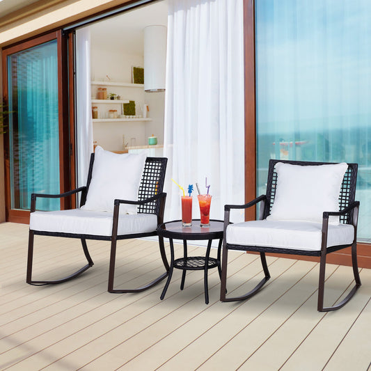 3-Pieces PE Rattan Garden Rocking Chair Set w/ Soft Cushion