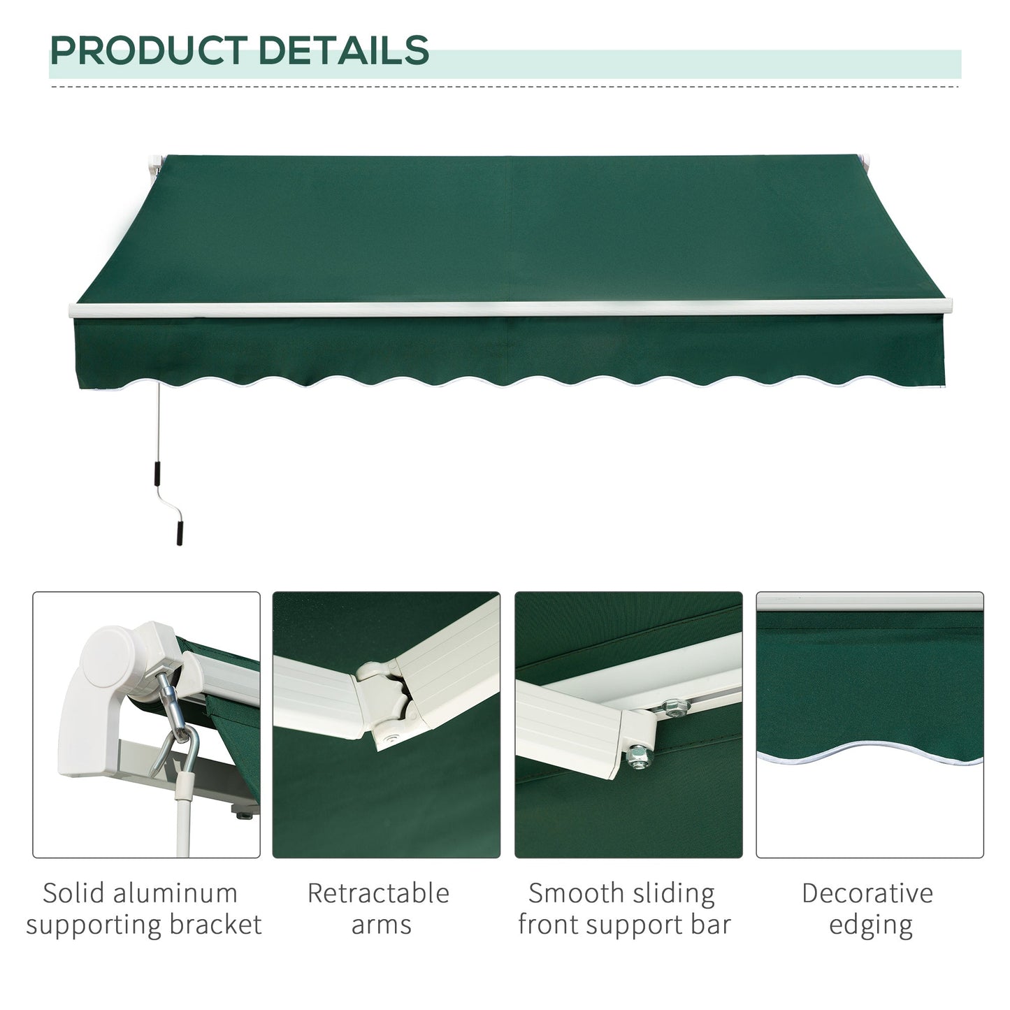 Outsunny Awning Canopy Manual Retractable Porch Sun Shade Shelter 3 X 2M Green