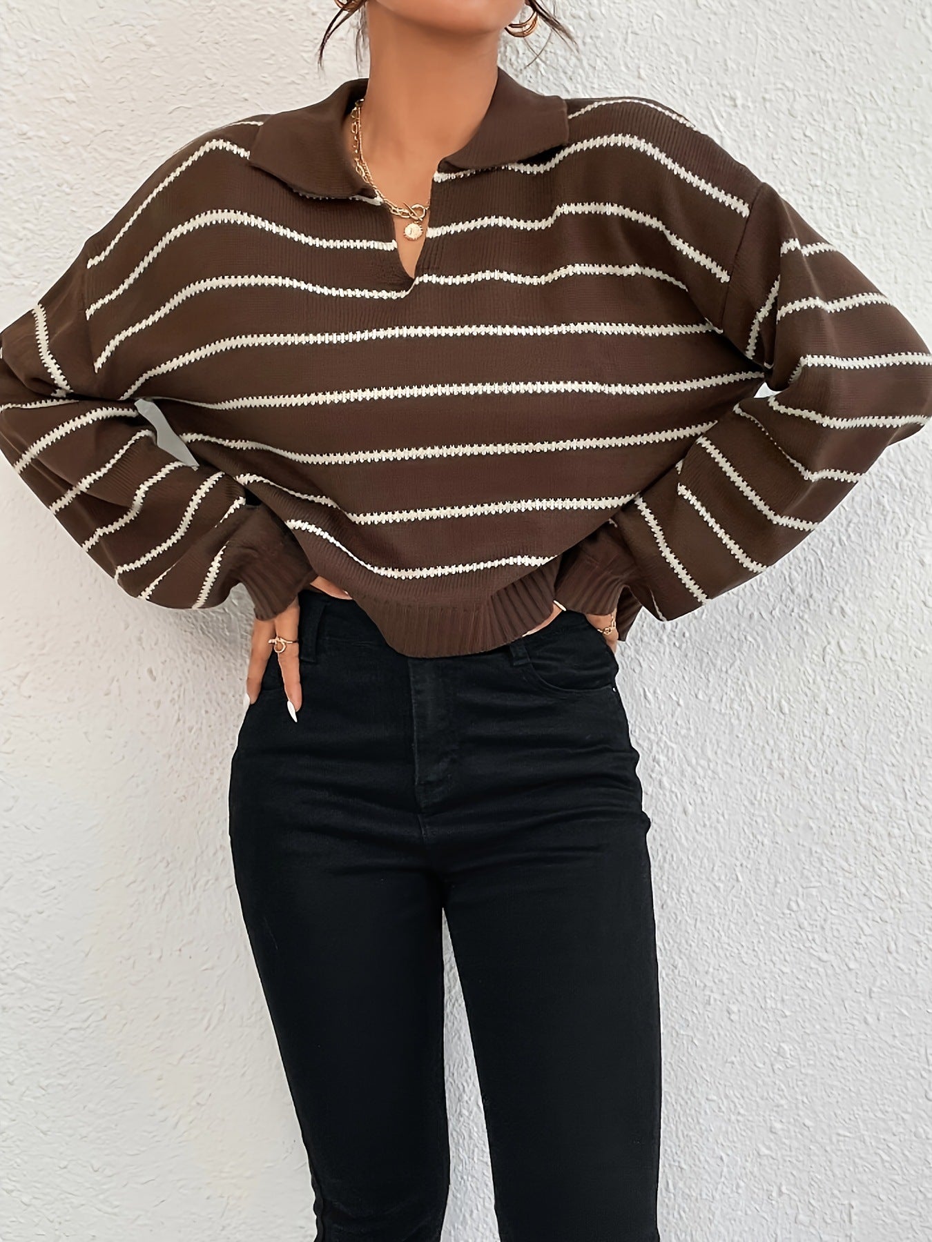 Knitted Sweater - Striped Loose Lapel