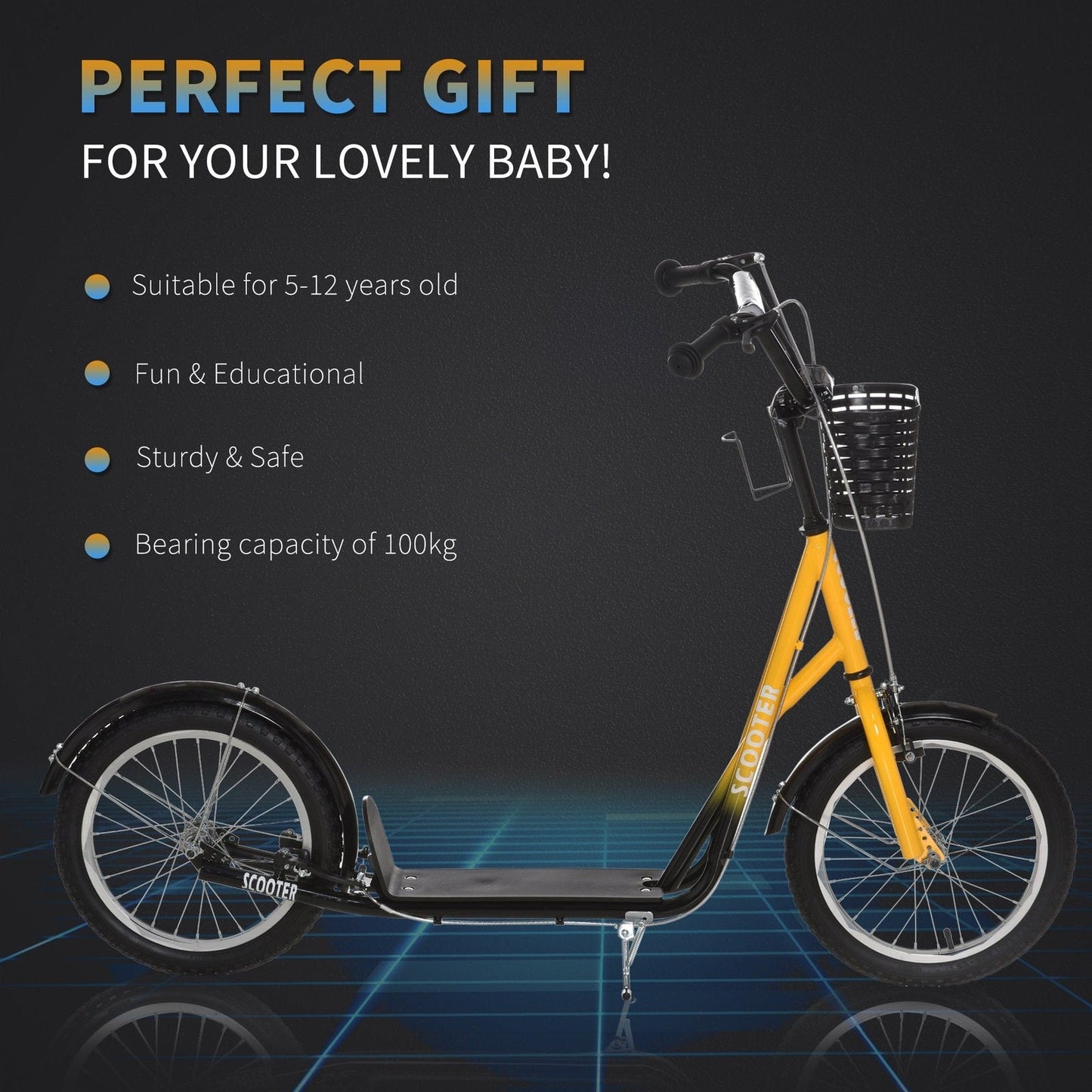 Kids Scooter Adjustable w/ Inflatable Wheel Brake Basket Cupholder Mudguard