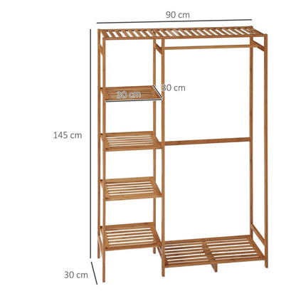 Homcom Bamboo Clothes Rack for Bedroom Garment Rack with 6-Tier Storage Shelf Hanging Rod Clothes Rail for Living Room Entryway