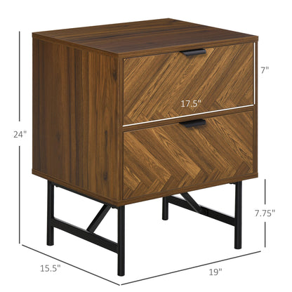 Side Cabinet Home Organizer With 2 Drawer Unit Herringbone Pattern Walnut Tone