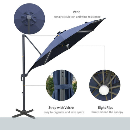 3M LED Cantilever Parasol Outdoor Sun Umbrella w/ Base Solar Lights Blue