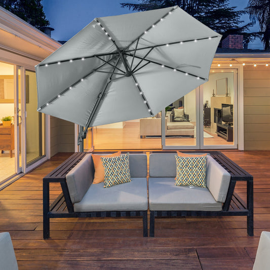 3M LED Cantilever Parasol Garden Sun Umbrella w/ Cross Base and Solar Lights Grey