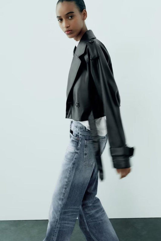 Leisure Imitation Leather Trench Coat