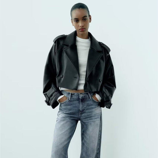 Leisure Imitation Leather Trench Coat