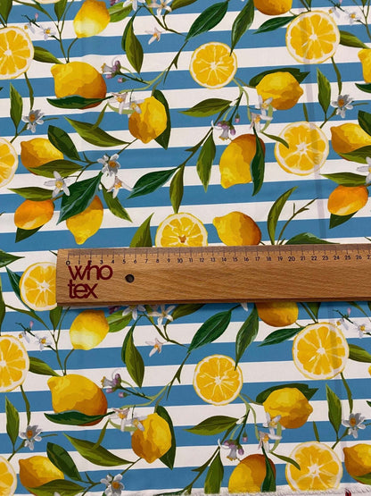 Lemon and Floral Print Fabric on Blue White Stripes – Multiple Fabric Options, Sold by Metre