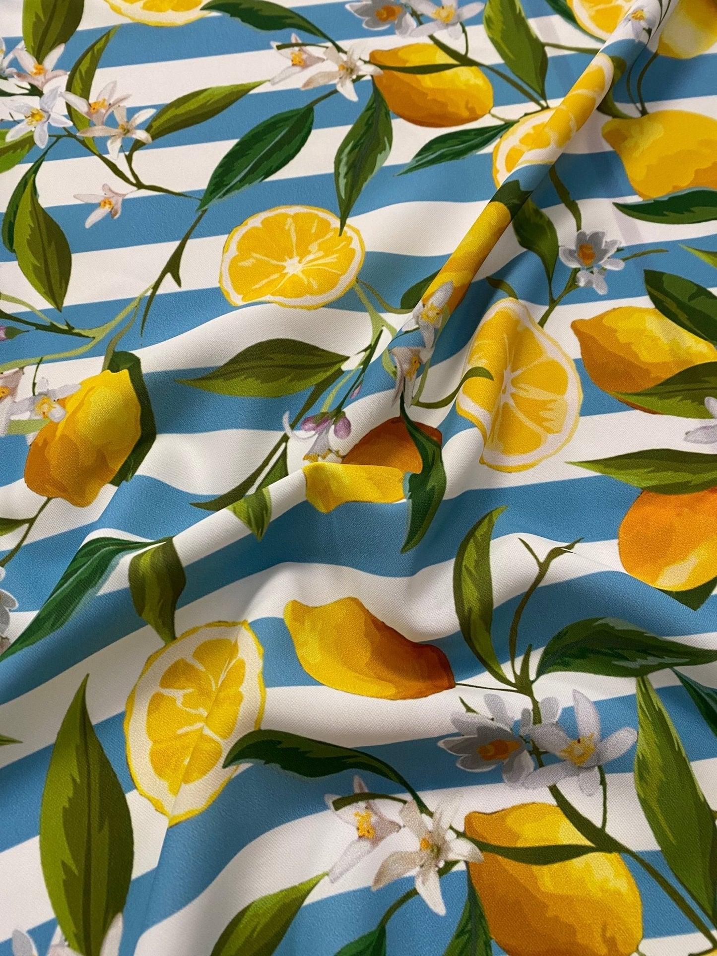 Lemon and Floral Print Fabric on Blue White Stripes