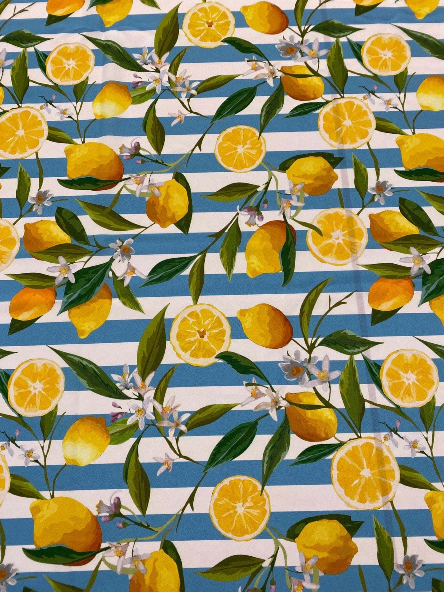 Lemon and Floral Print Fabric on Blue White Stripes – Multiple Fabric Options, Sold by Metre