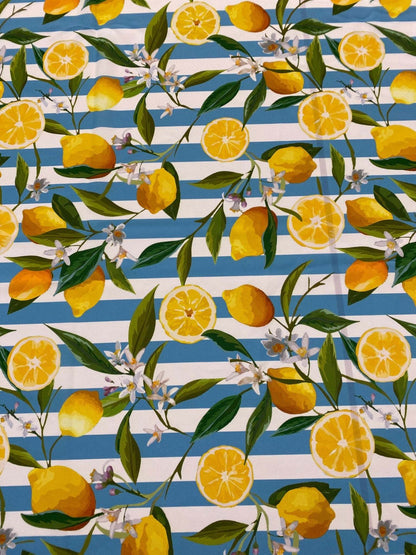 Lemon and Floral Print Fabric on Blue White Stripes – Multiple Fabric Options, Sold by Metre