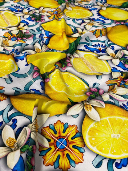 Lemon Blue Spanish Pattern Fabric – Fabric by Metre, Multiple Options for Sewing & Dressmaking