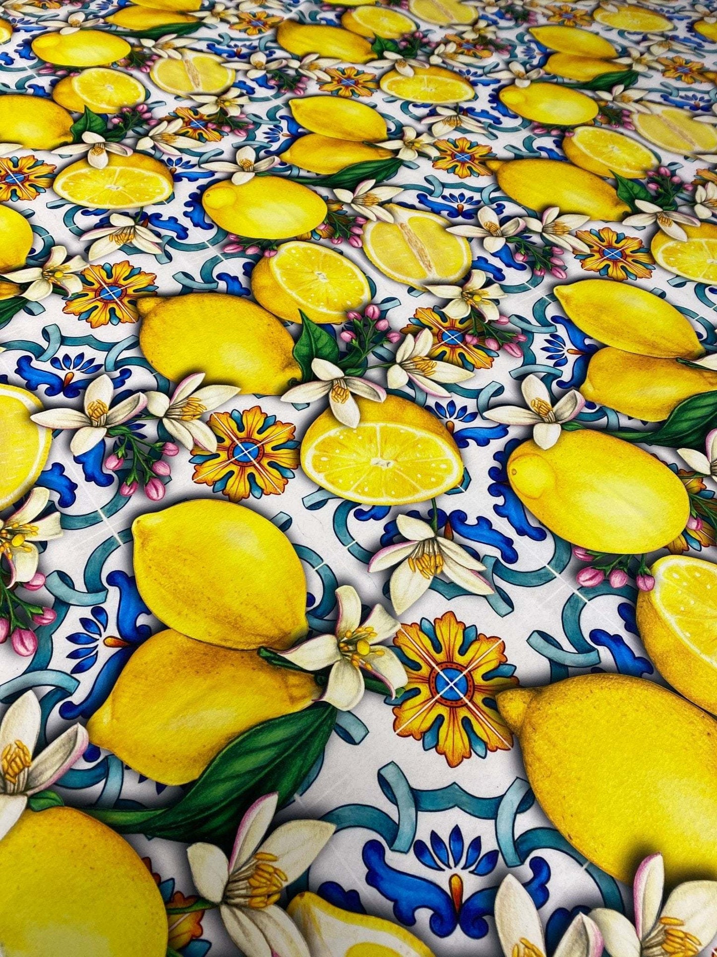 Lemon Blue Spanish Pattern Fabric – Fabric by Metre, Multiple Options for Sewing & Dressmaking