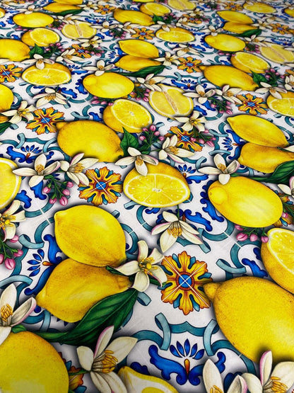 Lemon Blue Spanish Pattern Fabric – Fabric by Metre, Multiple Options for Sewing & Dressmaking