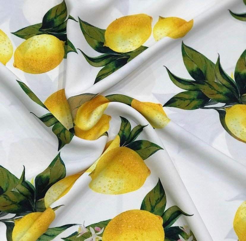 Lemon Pattern Cotton Fabric – Fabric by Metre, Options: Satin, Crepe, Spandex, Chiffon