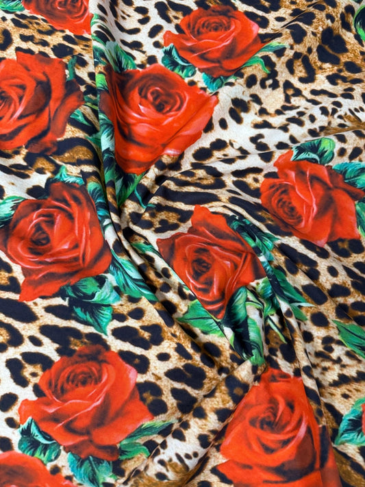Leopard and Red Rose Pattern Fabric – Multiple Fabric Options, Sold by Metre