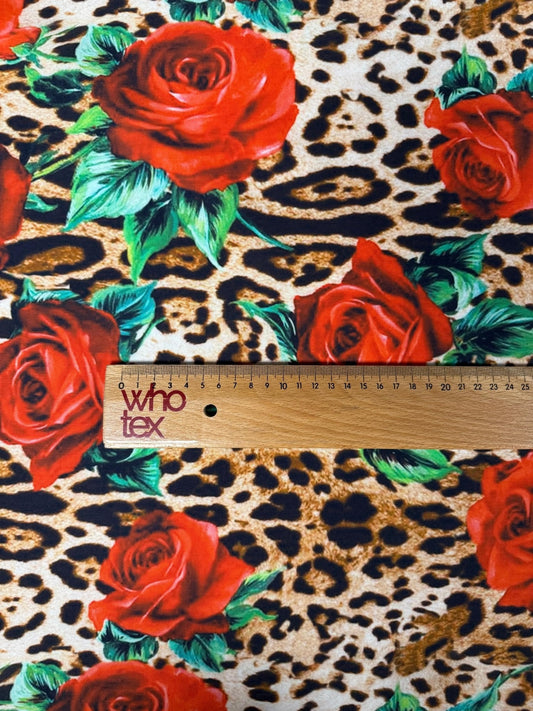 Leopard and Red Rose Pattern Fabric – Multiple Fabric Options, Sold by Metre