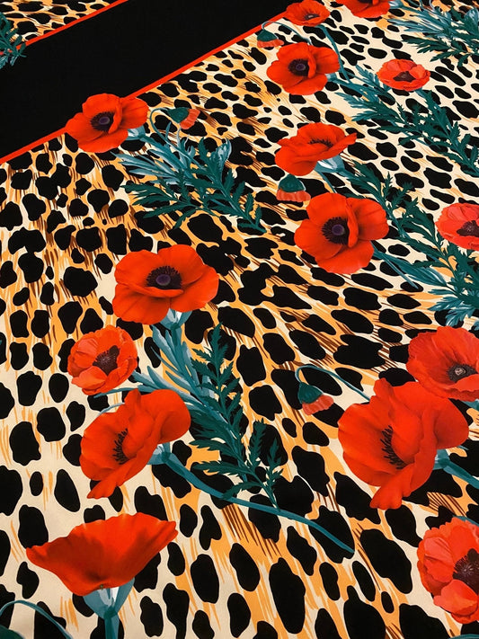 Leopard  Poppy Flower Silky Crepe Fabric
