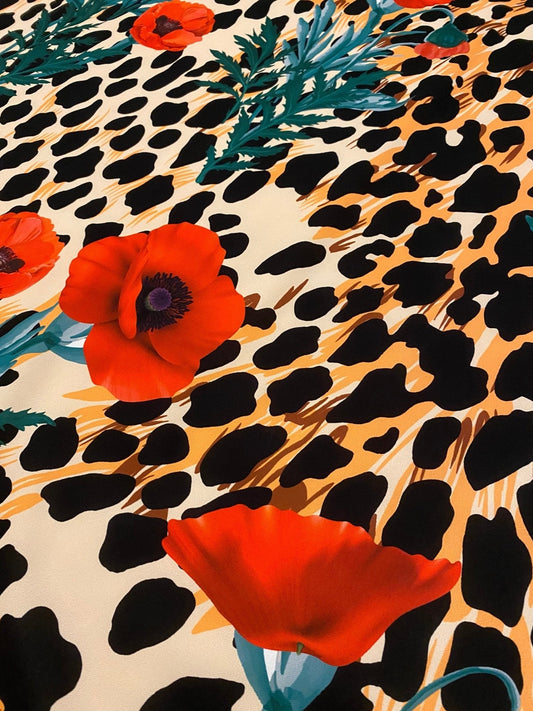 Leopard  Poppy Flower Silky Crepe Fabric