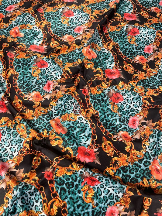 Leopard Print Fabric with Gold Chains and Floral Accentsn