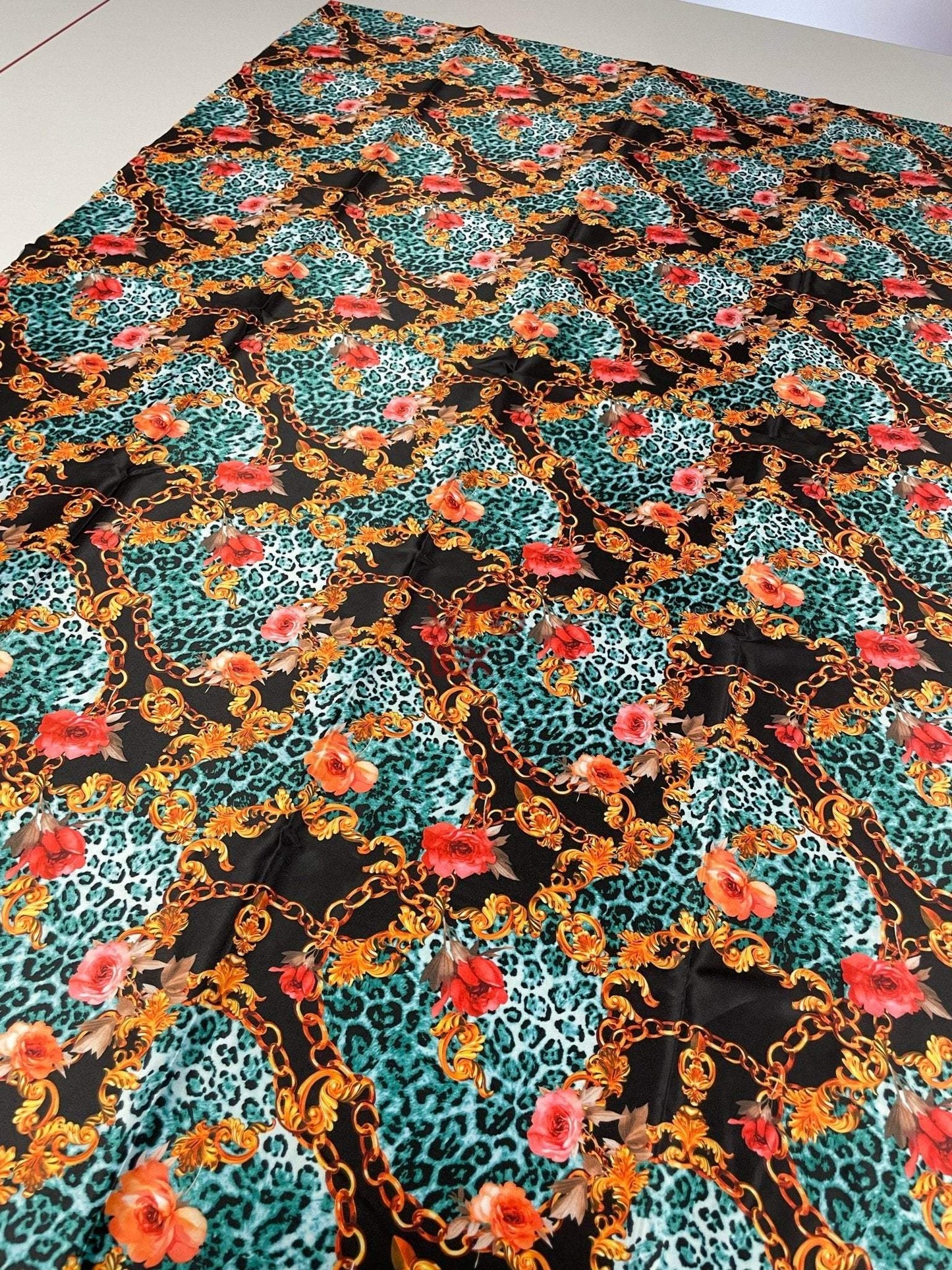 Leopard Print Fabric with Gold Chains and Floral Accentsn – Custom Printed Fabric, Choose Material by Metre