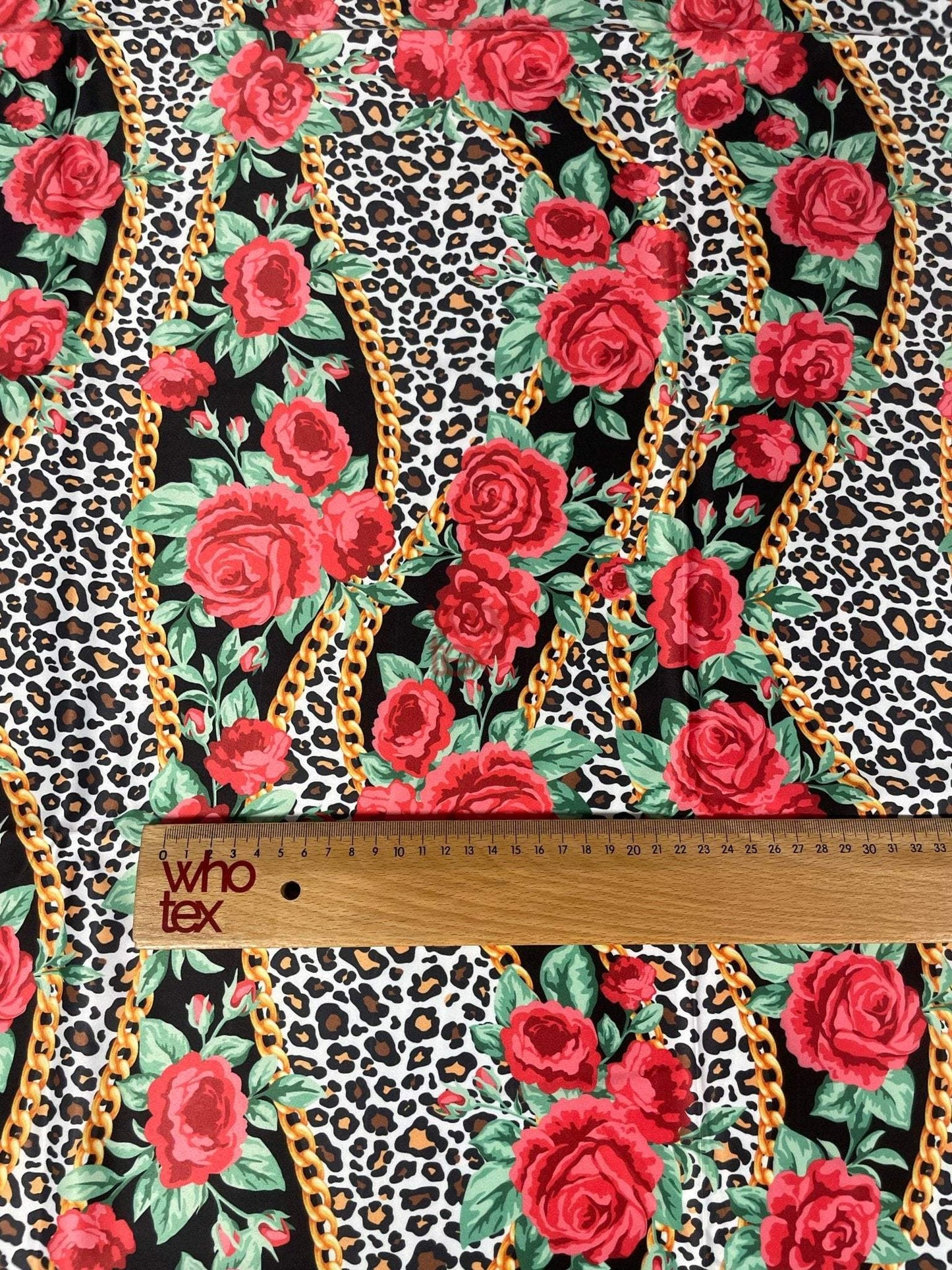 Leopard Print Fabric with Red Roses and Gold Chains – Fabric by Metre, Multiple Options for Sewing & Dressmaking
