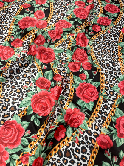 Leopard Print Fabric with Red Roses and Gold Chains