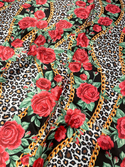 Leopard Print Fabric with Red Roses and Gold Chains – Fabric by Metre, Multiple Options for Sewing & Dressmaking