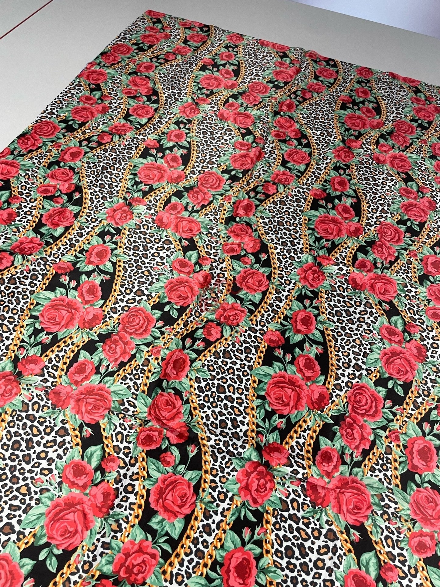 Leopard Print Fabric with Red Roses and Gold Chains