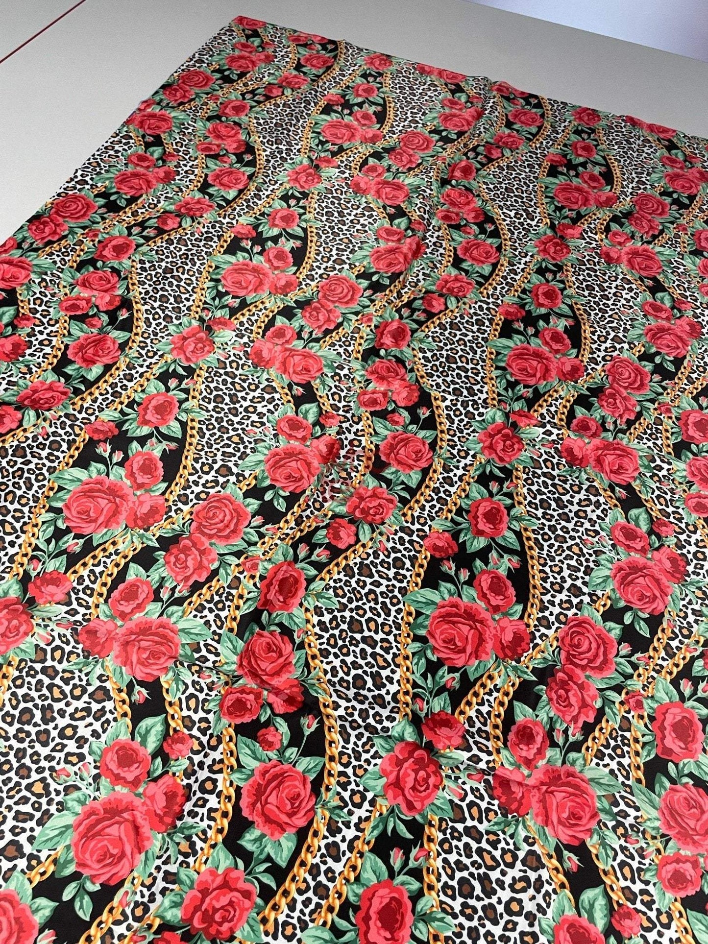 Leopard Print Fabric with Red Roses and Gold Chains – Fabric by Metre, Multiple Options for Sewing & Dressmaking