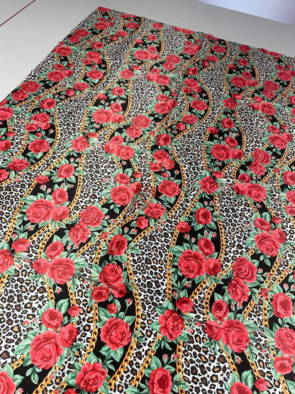 Leopard Print Fabric with Red Roses and Gold Chains – Fabric by Metre, Multiple Options for Sewing & Dressmaking