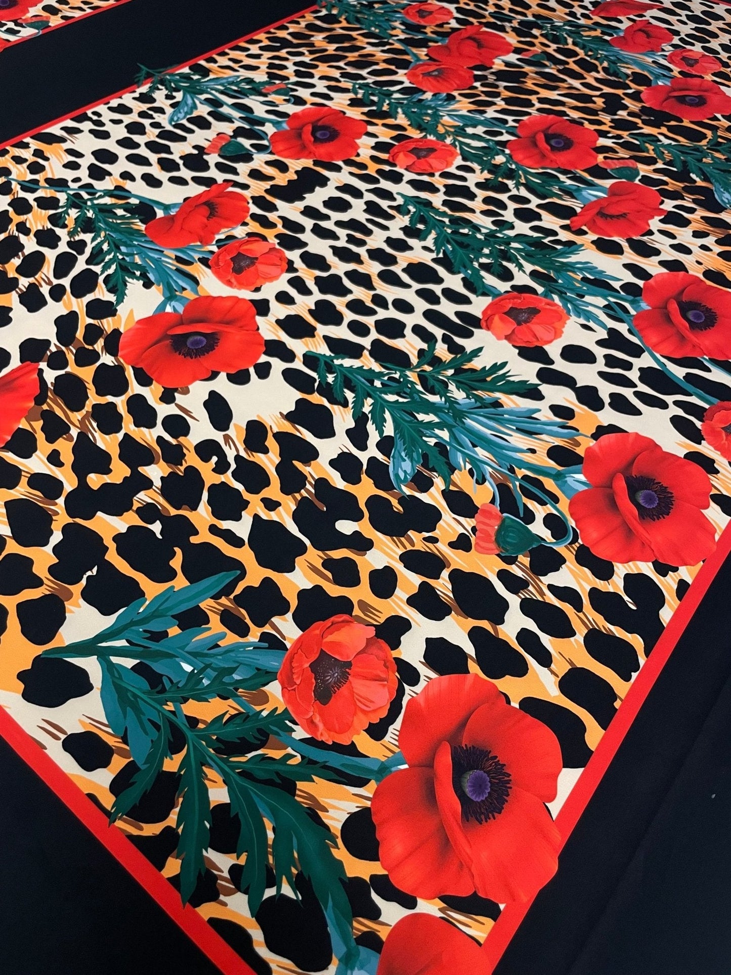 Leopard & Red Poppy Crepe Fabric by the Metre – Bold Design