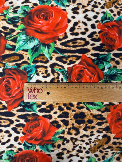 Leopard & Red Rose Organic Cotton Poplin Fabric by the Metre