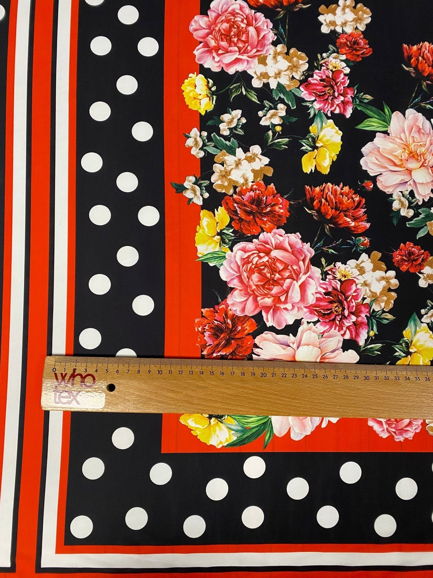 Lion & Floral Crepe Fabric by the Metre – Black Polka Dot