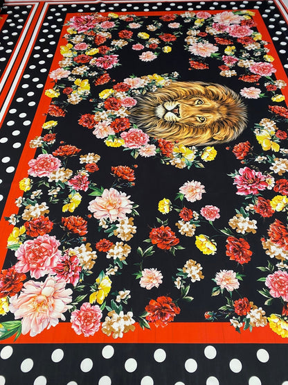 Lion & Floral Crepe Fabric by the Metre – Black Polka Dot