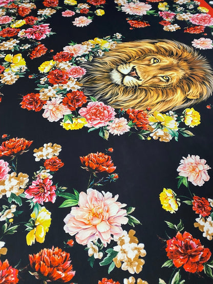 Lion & Floral Crepe Fabric by the Metre – Black Polka Dot