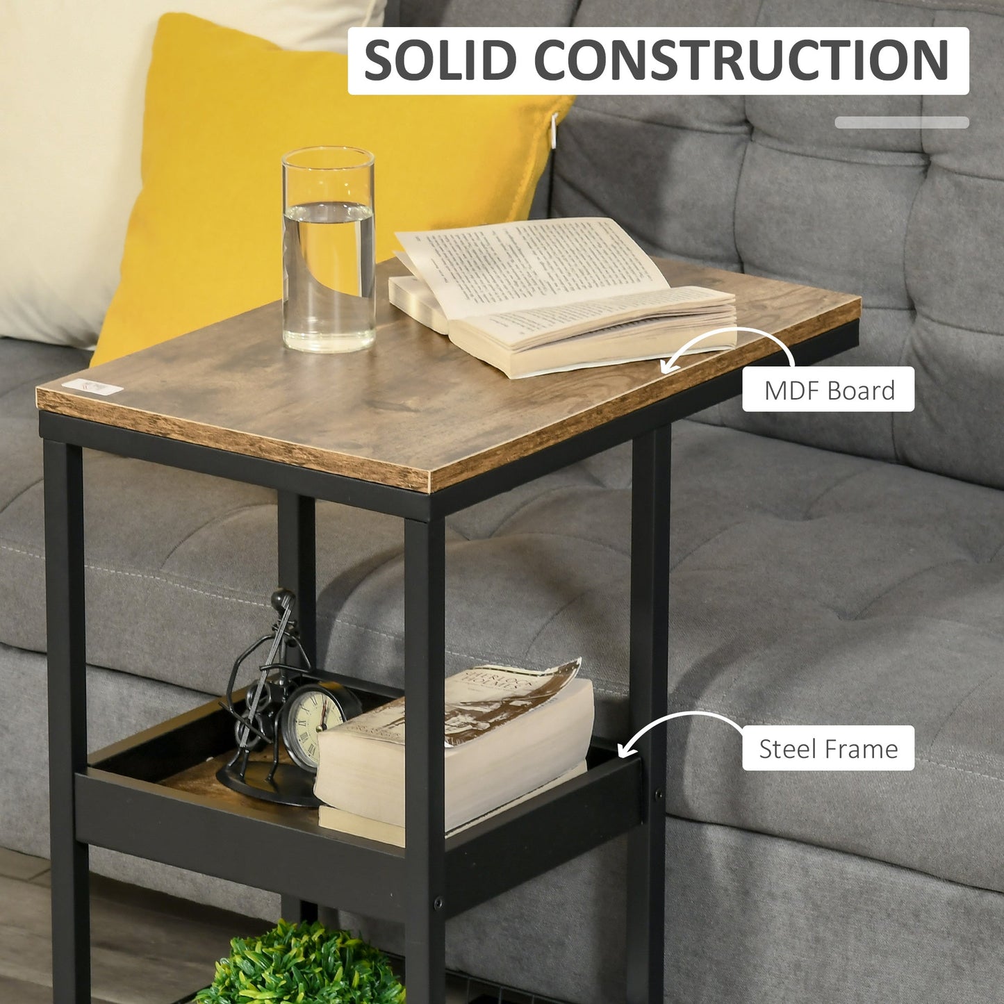Industrial Mobile Sofa Side Table C Shaped Rolling Couch Table With 3 Tier Storage Shelving Four Lockable Wheels Steel Frame Brown