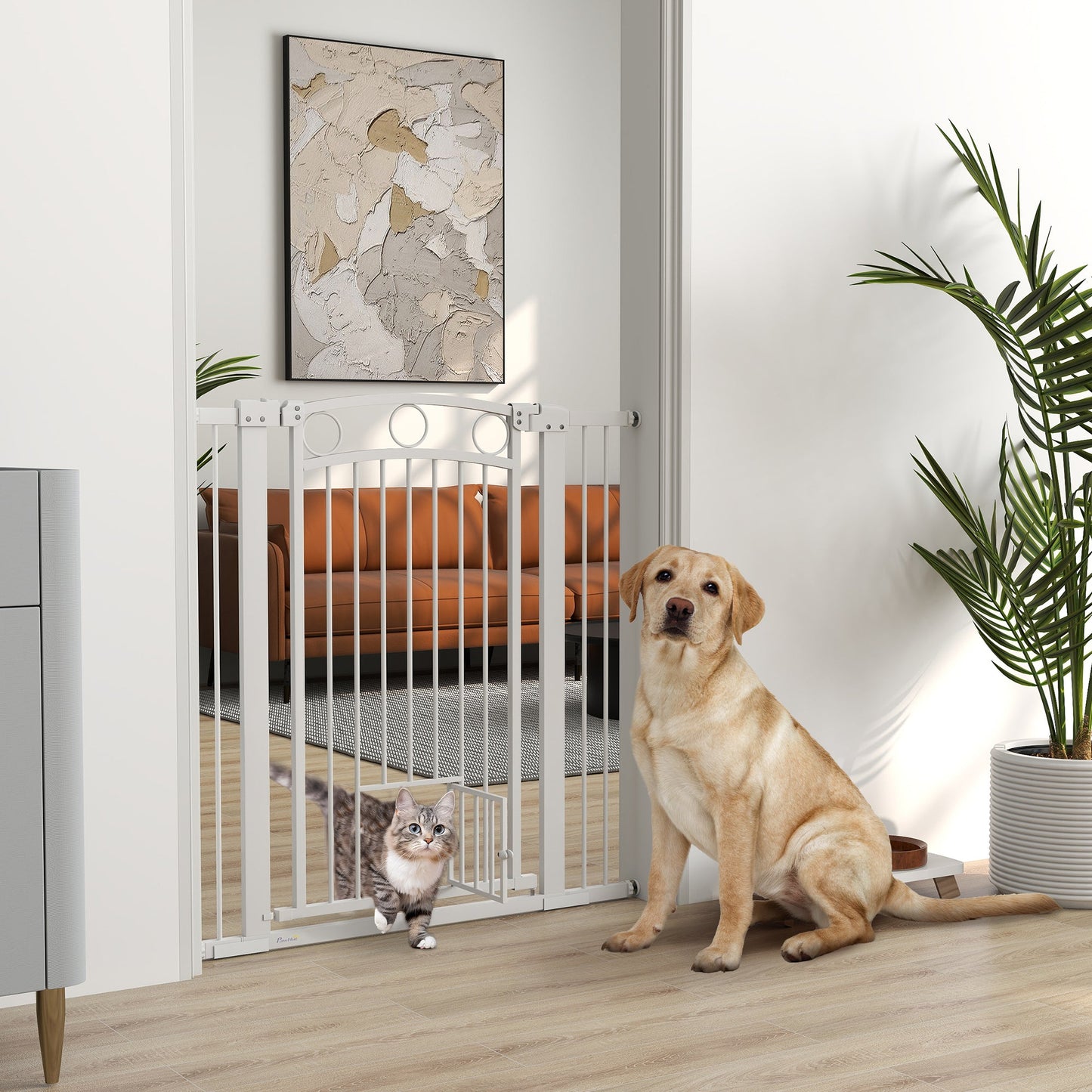 PawHut Stair Gate with Cat Door, Adjustable Width, 76-104cm and 106cm Tall
