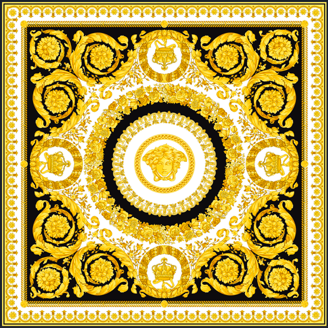 Luxurious Baroque Medusa Pattern Fabric in Black and Gold – Custom Printed Fabric on Satin, Crepe, Spandex or Chiffon