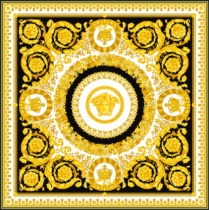 Luxurious Baroque Medusa Pattern Fabric in Black and Gold – Custom Printed Fabric on Satin, Crepe, Spandex or Chiffon