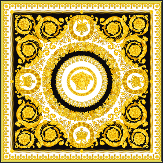 Luxurious Baroque Medusa Pattern Fabric in Black and Gold – Custom Printed Fabric on Satin, Crepe, Spandex or Chiffon