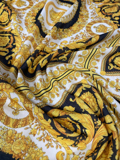 Luxurious Baroque Medusa Pattern Fabric in Black and Gold – Custom Printed Fabric on Satin, Crepe, Spandex or Chiffon