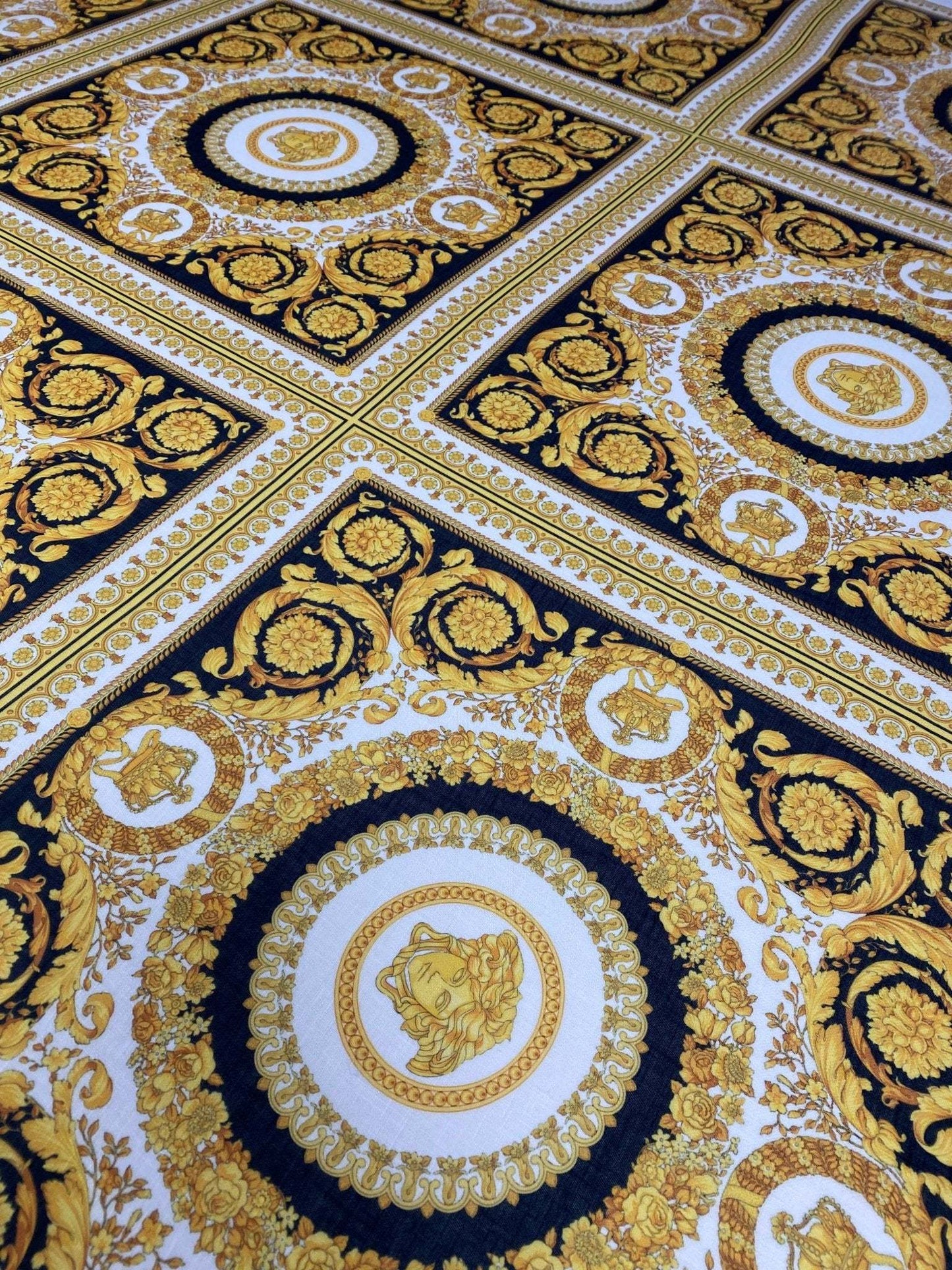 Luxurious Baroque Medusa Pattern Fabric in Black and Gold – Custom Printed Fabric on Satin, Crepe, Spandex or Chiffon