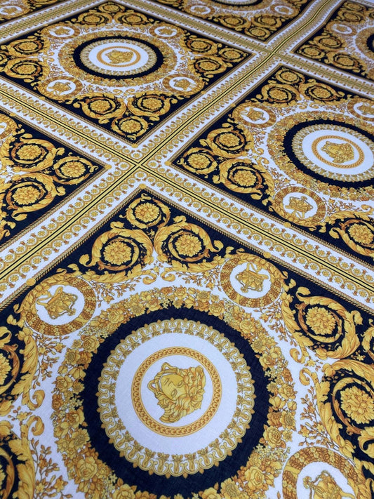Luxurious Baroque Medusa Pattern Fabric in Black and Gold – Custom Printed Fabric on Satin, Crepe, Spandex or Chiffon