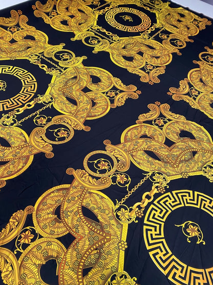 Luxury Baroque Chain Crepe Fabric by the Metre – Black & Gold Ornate