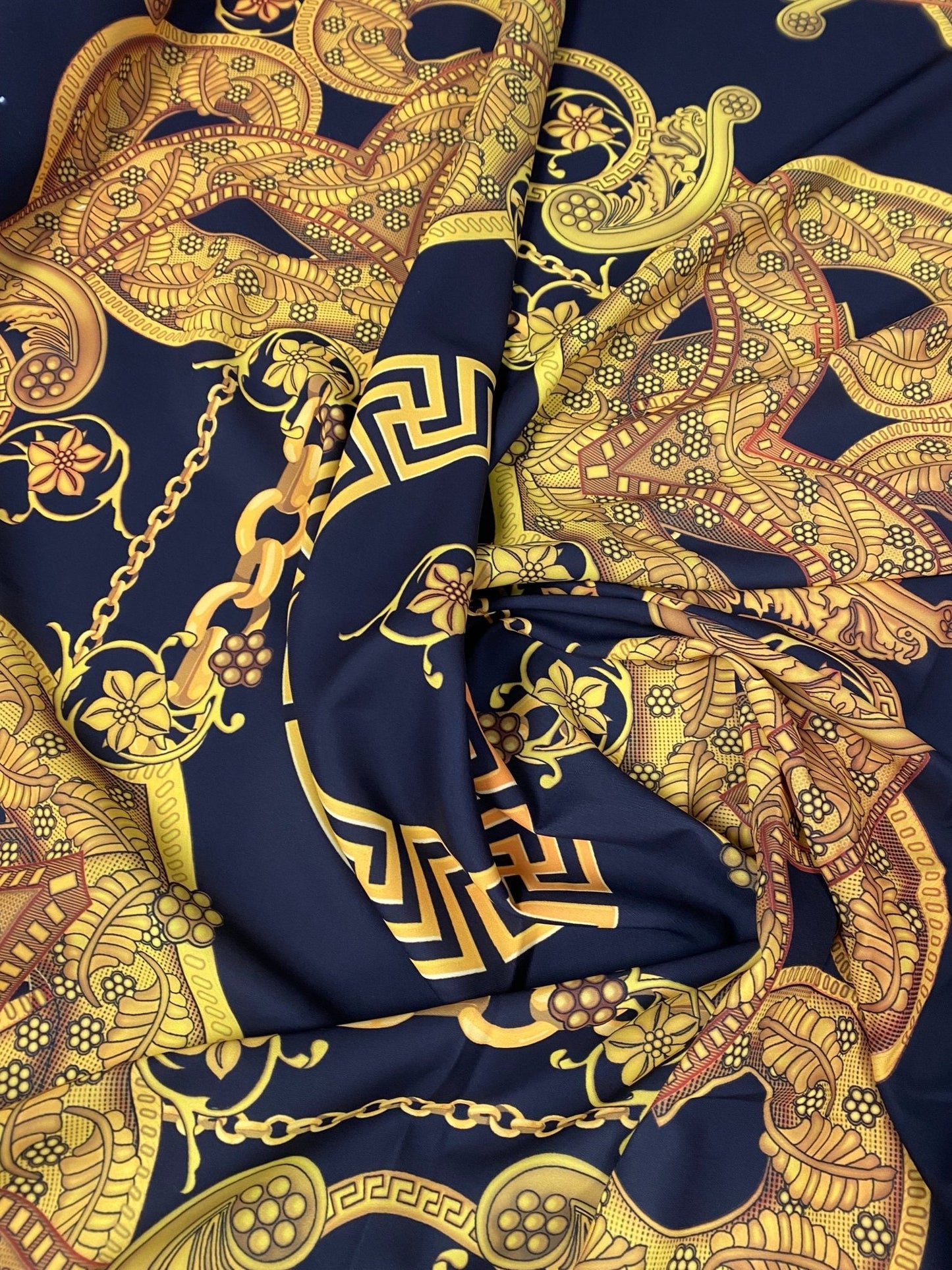 Luxury Baroque Chain Crepe Fabric by the Metre – Black & Gold Ornate