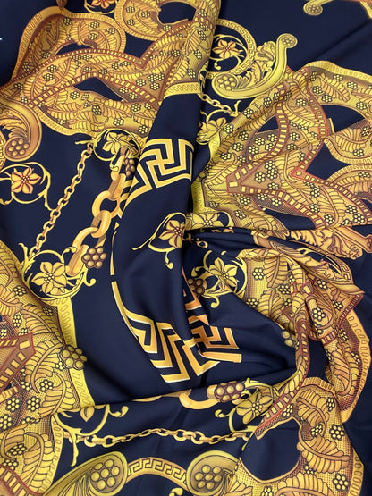 Luxury Baroque Chain Crepe Fabric by the Metre – Black & Gold Ornate