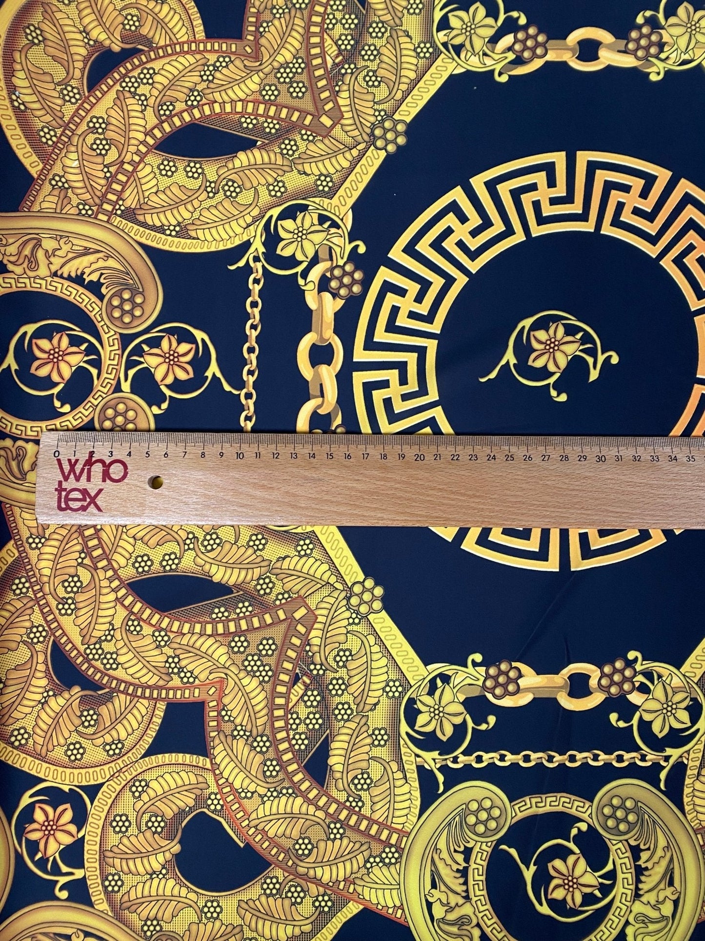 Luxury Baroque Chain Crepe Fabric by the Metre – Black & Gold Ornate